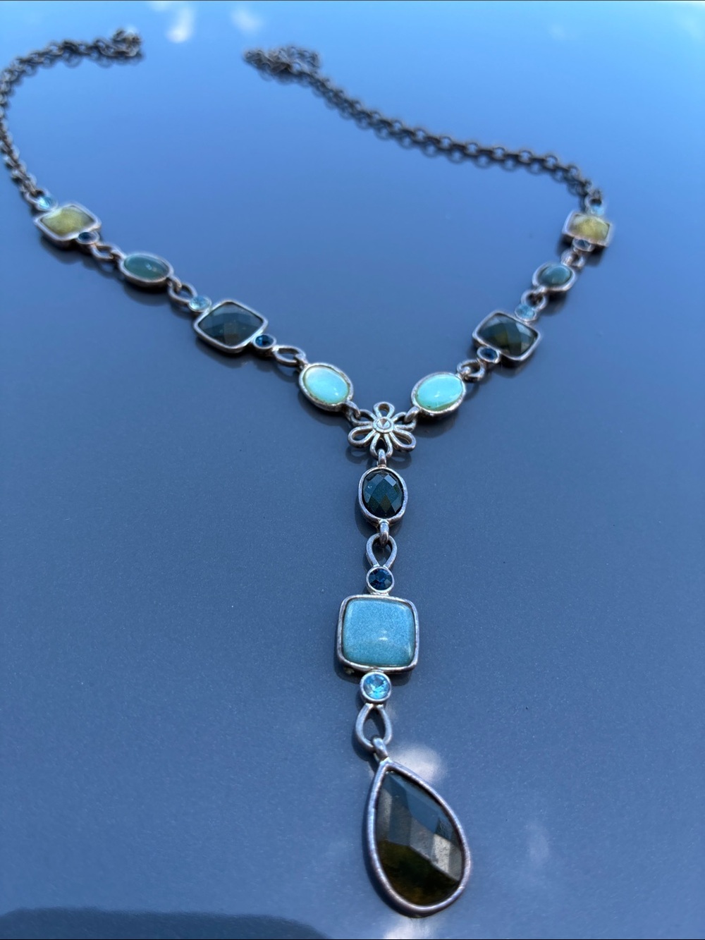 Tahari Silver Necklace with Aqua, Teal & Olive Stones